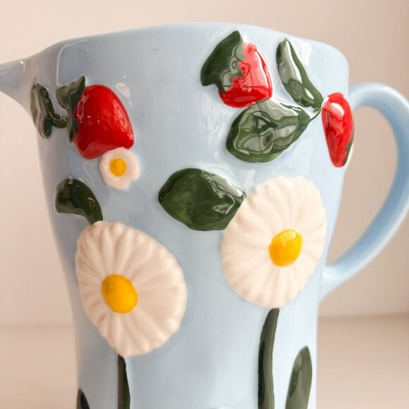 Anthropologie Foster Icon Stoneware Blue Strawberry Floral Jug Pitcher - Picture 3 of 7